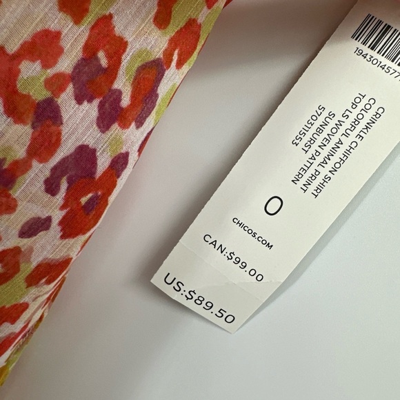 Chico’s Crinkle Chiffon Shirt Animal Print Sheer Sunburst Size 0 NWT $89.50 - Picture 3 of 5